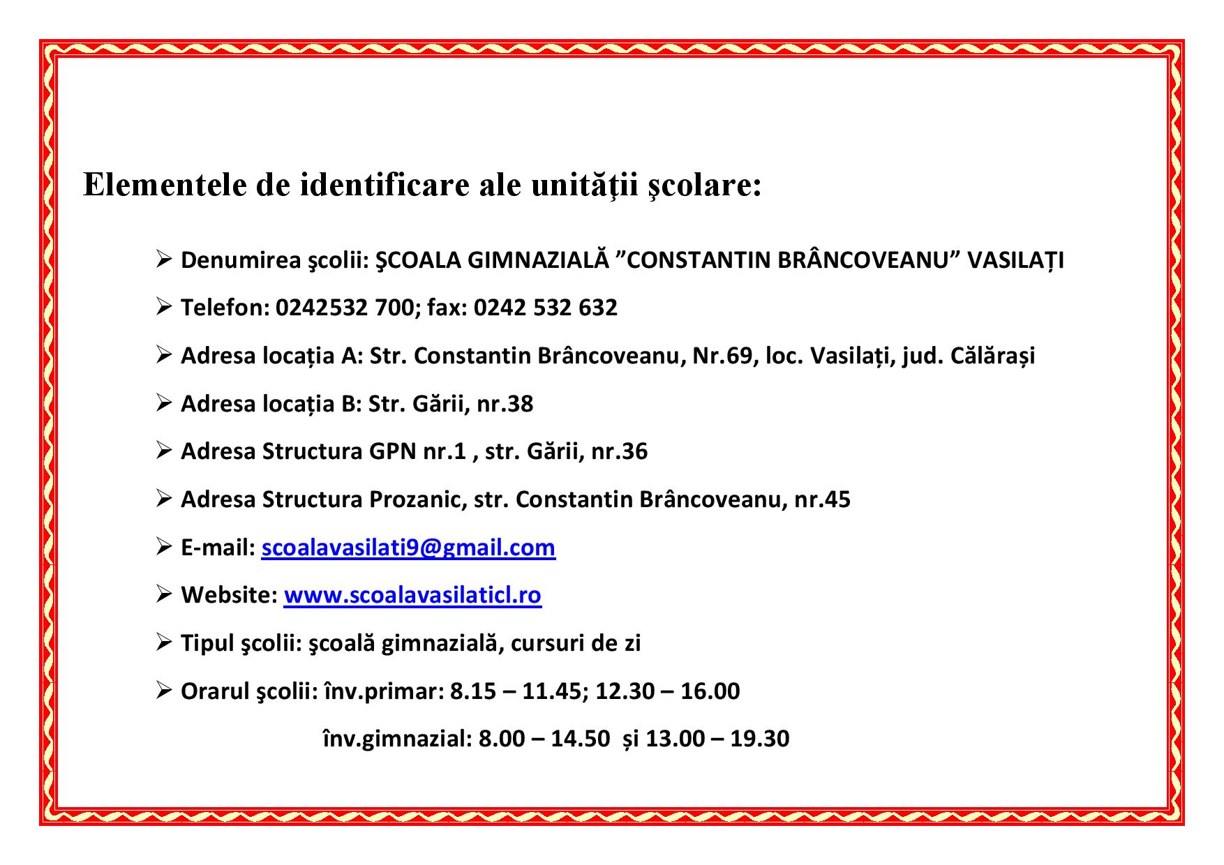 ELEMENTELE DE IDENTIFICARE ALE ȘCOLII
